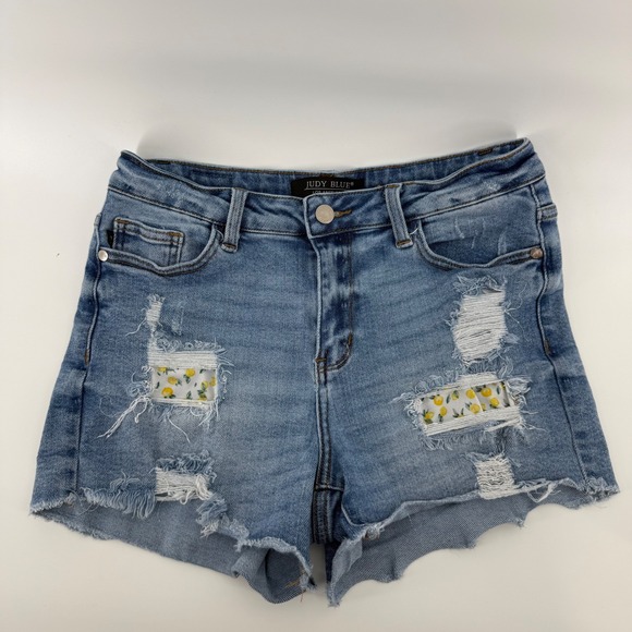 Judy Blue Pants - Judy Blue Distressed Denim Shorts Women's M Lemon Print Patches Frayed Hem Blue